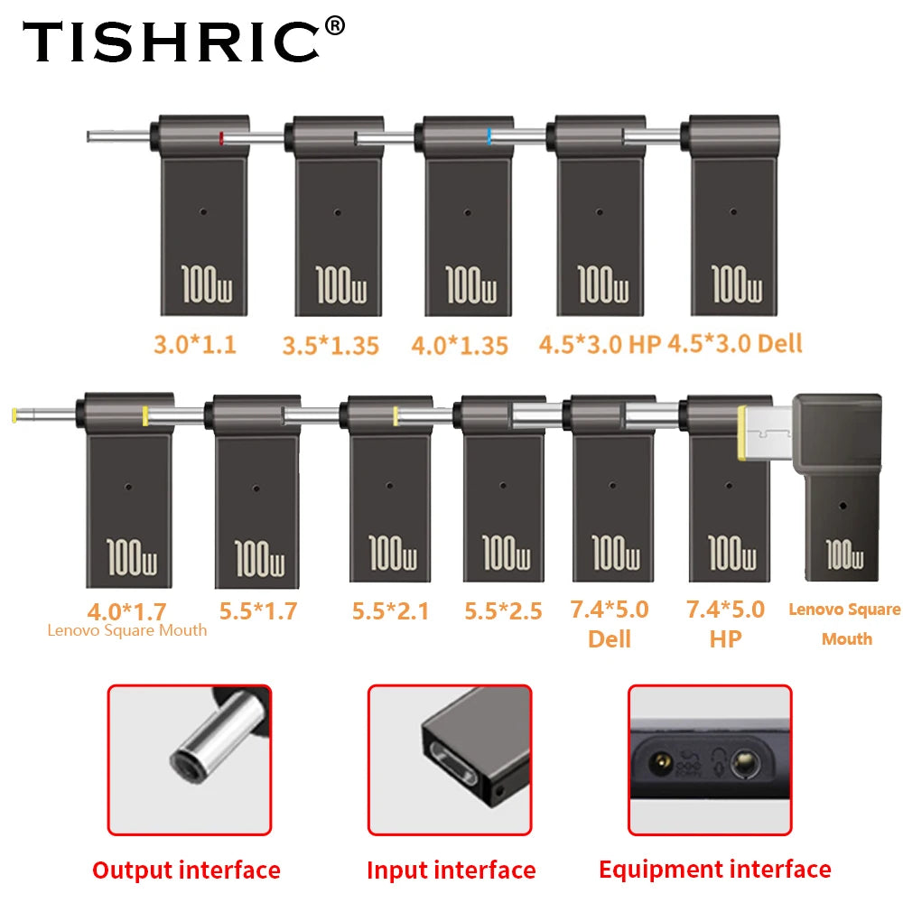 TISHRIC Laptop Power Charger Supply Connector Adapter PD 100W 5A  USB Type-C Female to DC Male For HP/Lenovo/DELL
